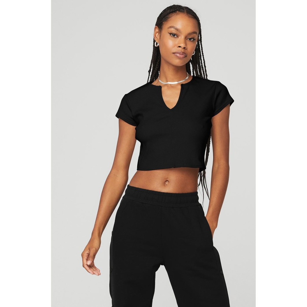 Alo Yoga Gerippt Cropped Savvy Crop Tops Damen Schwarz | TOPRHQ593