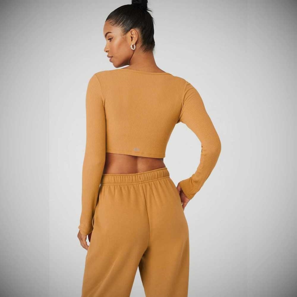 Alo Yoga Gerippt Cropped Whisper Cardi Crop Tops Damen Toffee | MPEZFU207