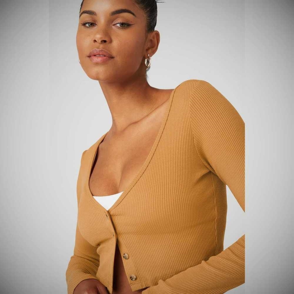 Alo Yoga Gerippt Cropped Whisper Cardi Crop Tops Damen Toffee | MPEZFU207