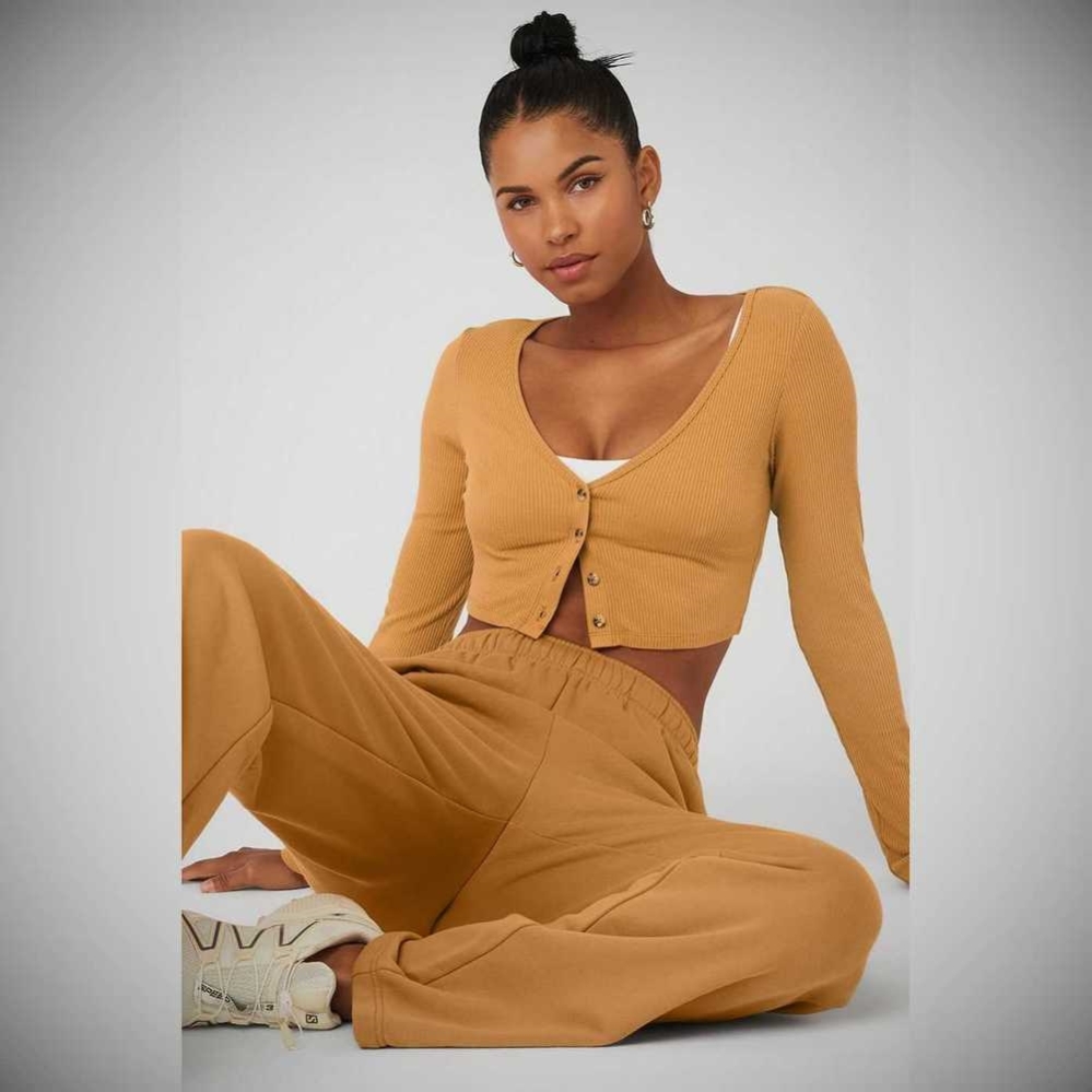 Alo Yoga Gerippt Cropped Whisper Cardi Crop Tops Damen Toffee | MPEZFU207