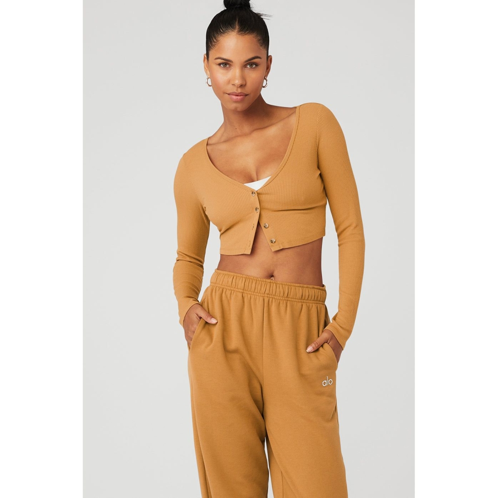 Alo Yoga Gerippt Cropped Whisper Cardi Crop Tops Damen Toffee | MPEZFU207