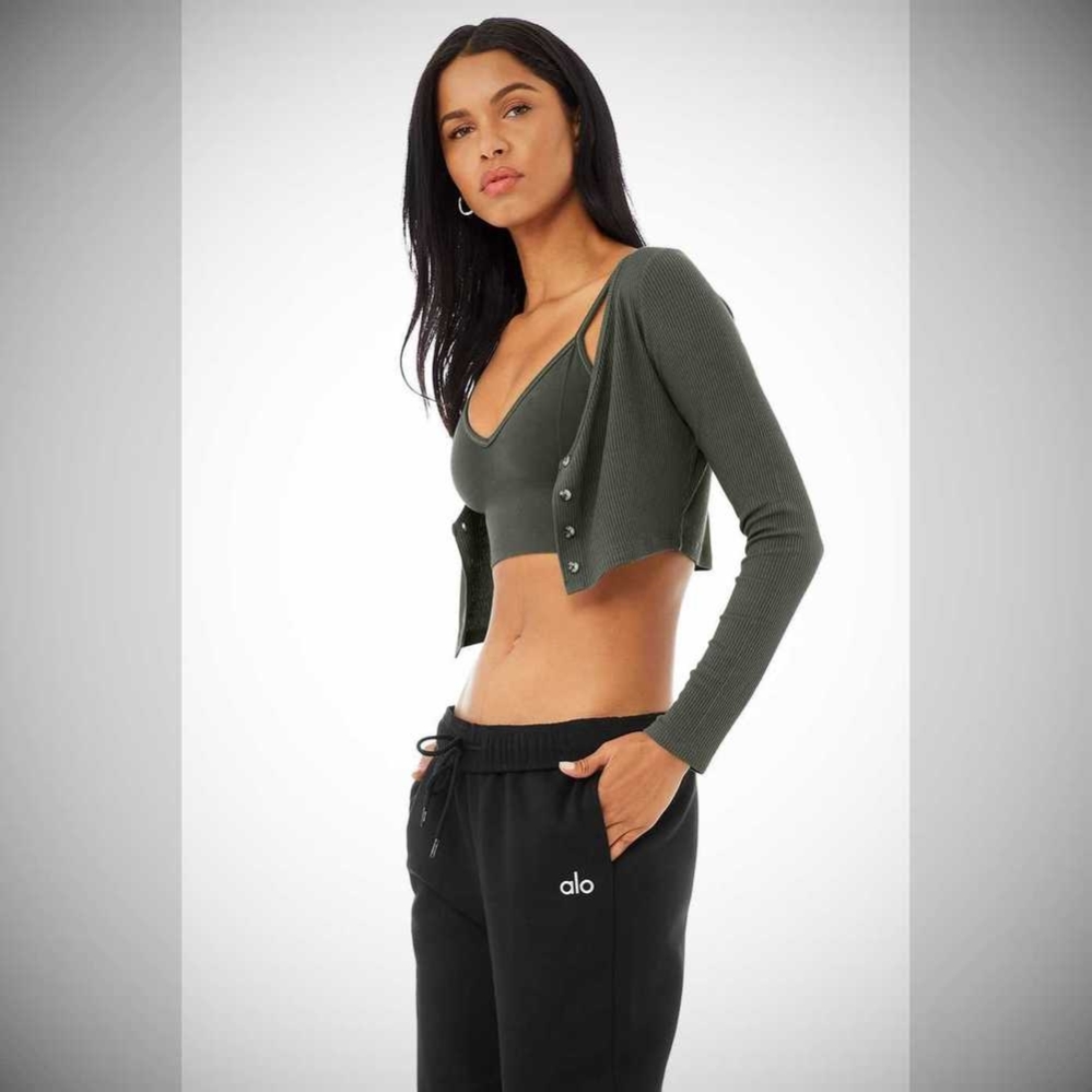 Alo Yoga Gerippt Cropped Whisper Cardigan Sweatshirts Damen Dunkelgrün | IKJQEM014