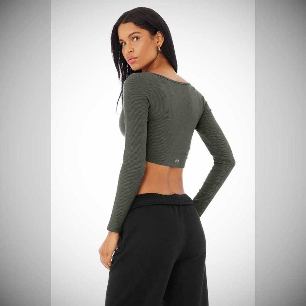 Alo Yoga Gerippt Cropped Whisper Cardigan Sweatshirts Damen Dunkelgrün | IKJQEM014