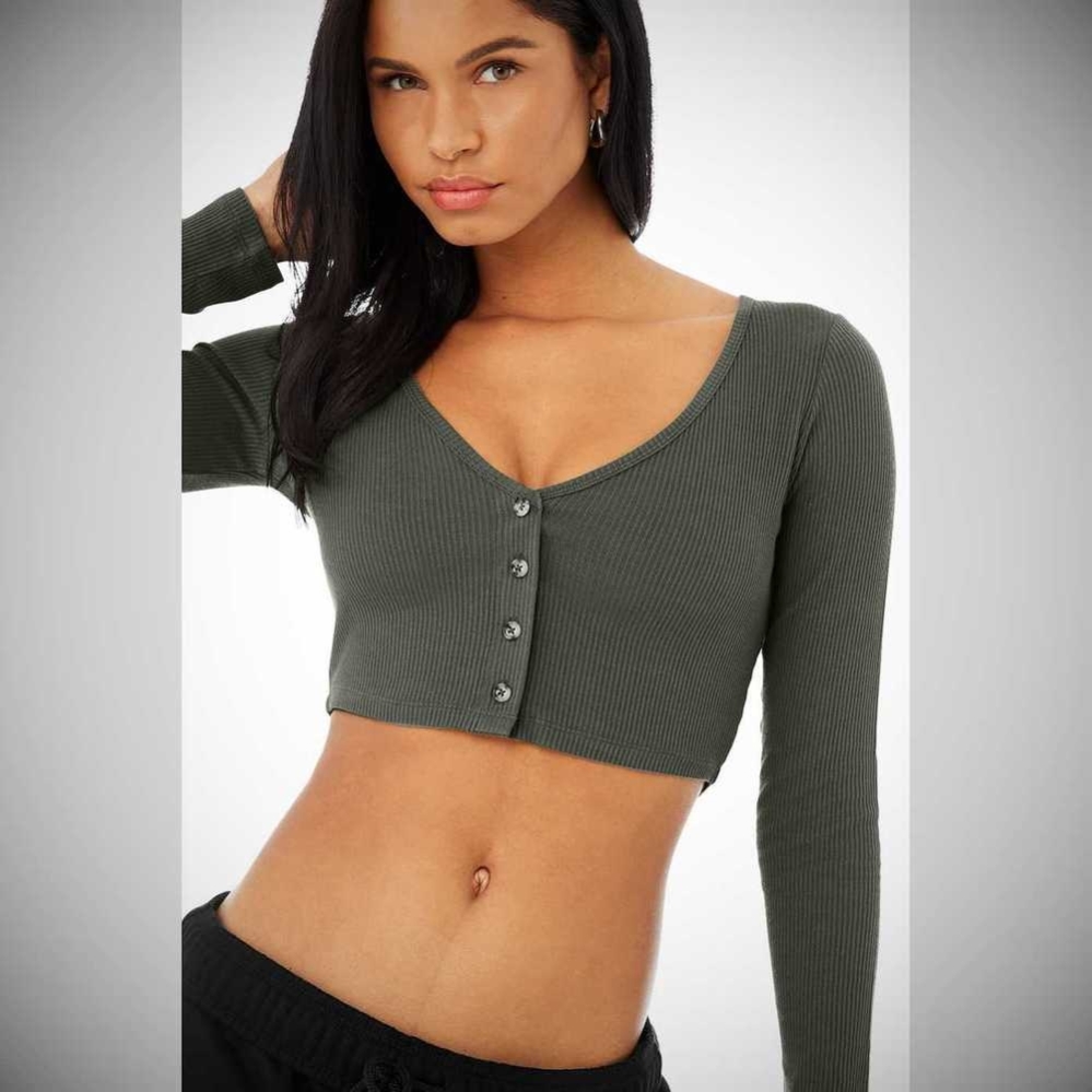 Alo Yoga Gerippt Cropped Whisper Cardigan Sweatshirts Damen Dunkelgrün | IKJQEM014