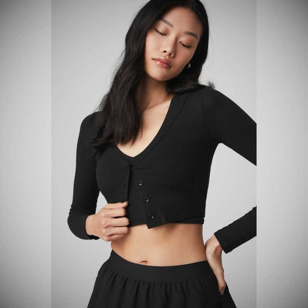 Alo Yoga Gerippt Cropped Whisper Cardigan Crop Tops Damen Schwarz | PLWMNZ895