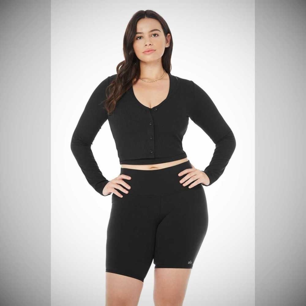 Alo Yoga Gerippt Cropped Whisper Cardigan Crop Tops Damen Schwarz | PLWMNZ895