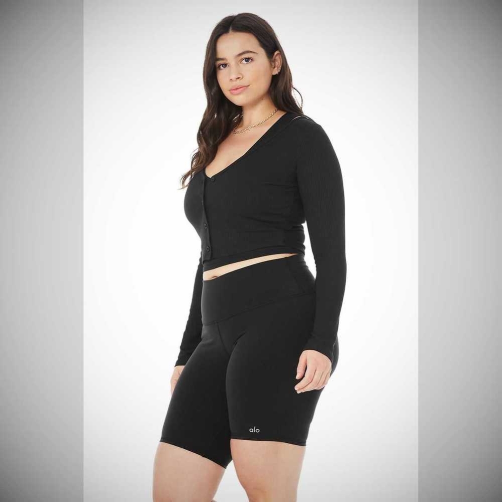 Alo Yoga Gerippt Cropped Whisper Cardigan Crop Tops Damen Schwarz | PLWMNZ895