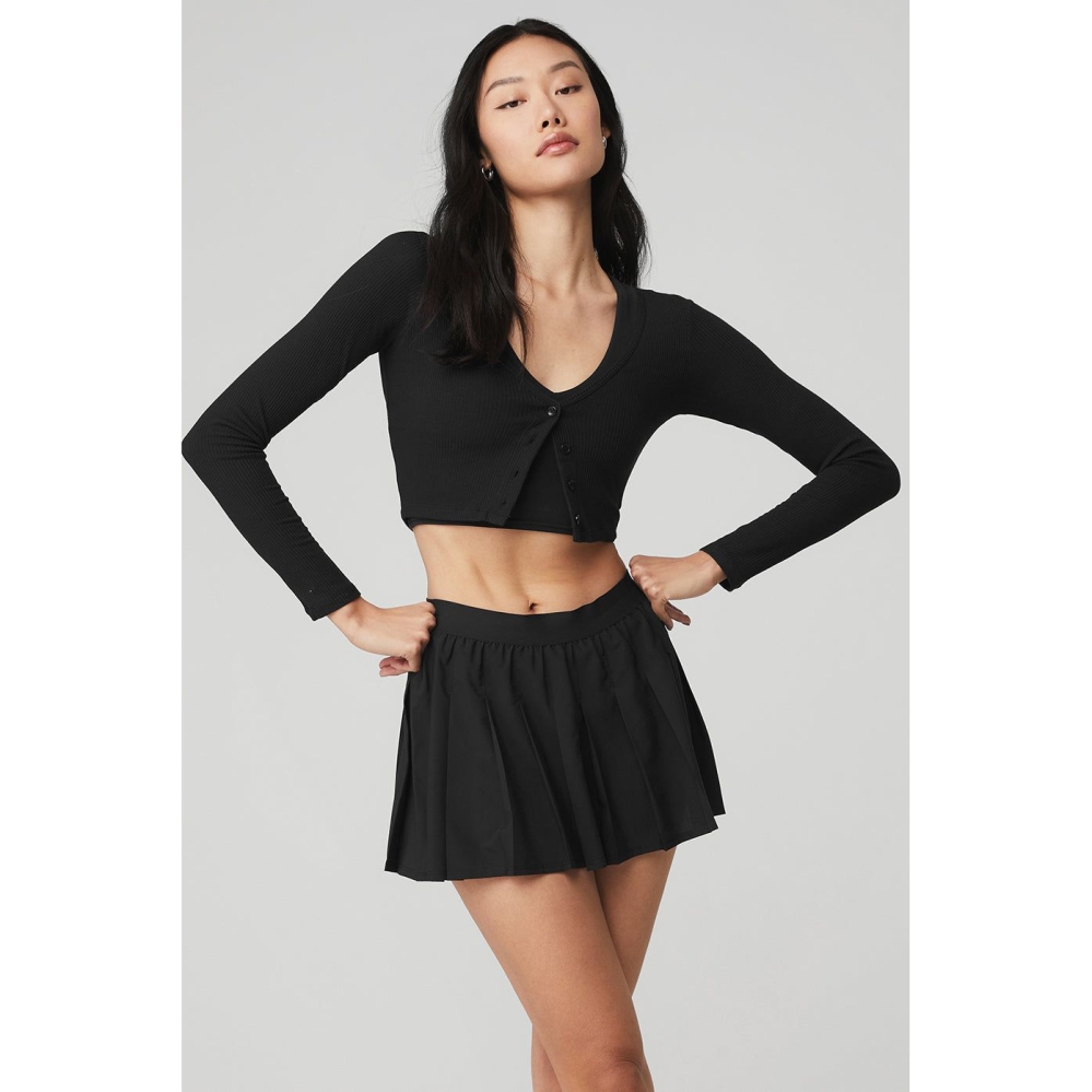 Alo Yoga Gerippt Cropped Whisper Cardigan Crop Tops Damen Schwarz | PLWMNZ895