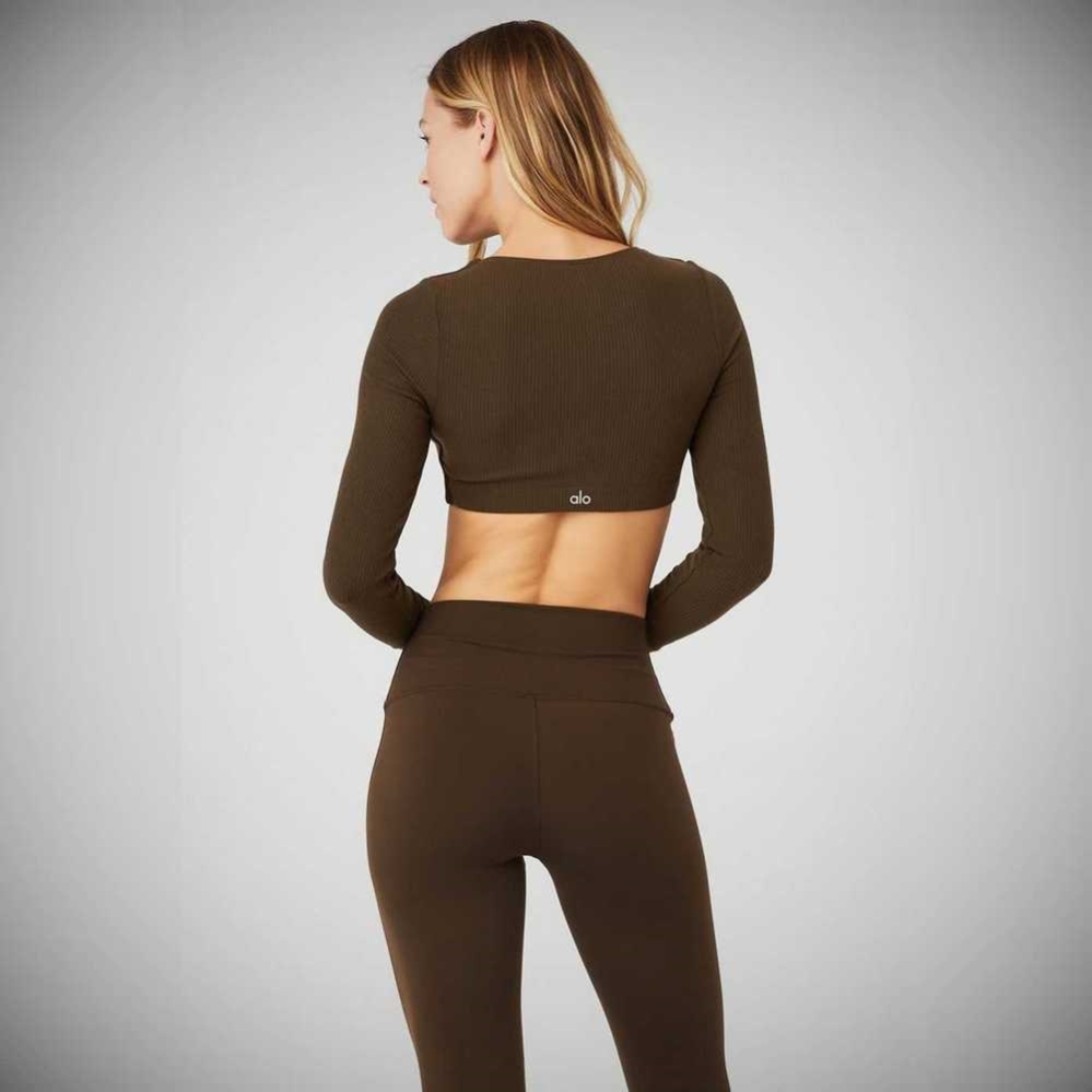 Alo Yoga Gerippt Defined Long Sleeve Bra Damen Kaffee | NGQZAI601