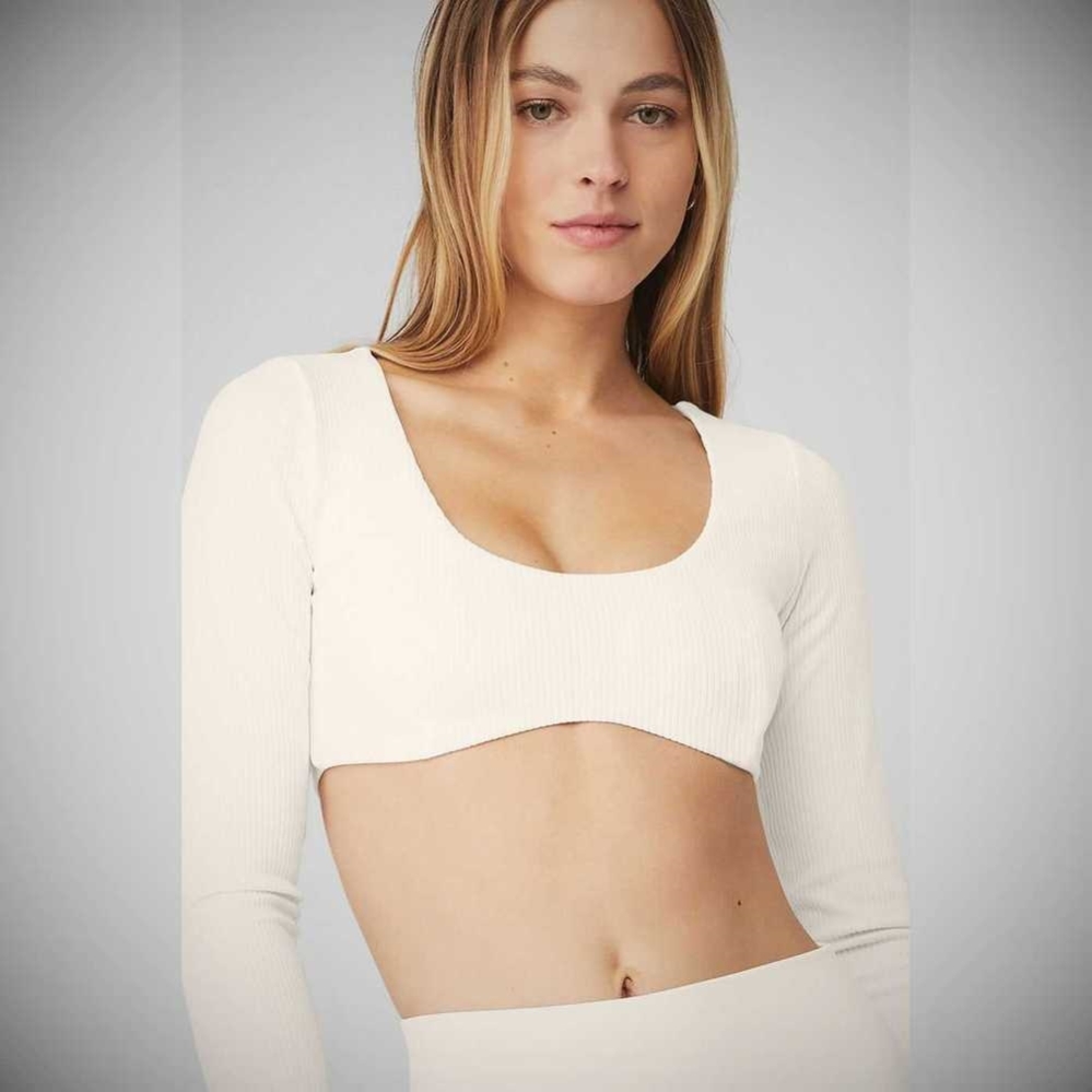 Alo Yoga Gerippt Defined Long Sleeve Bra Damen Weiß | RIDUAX805