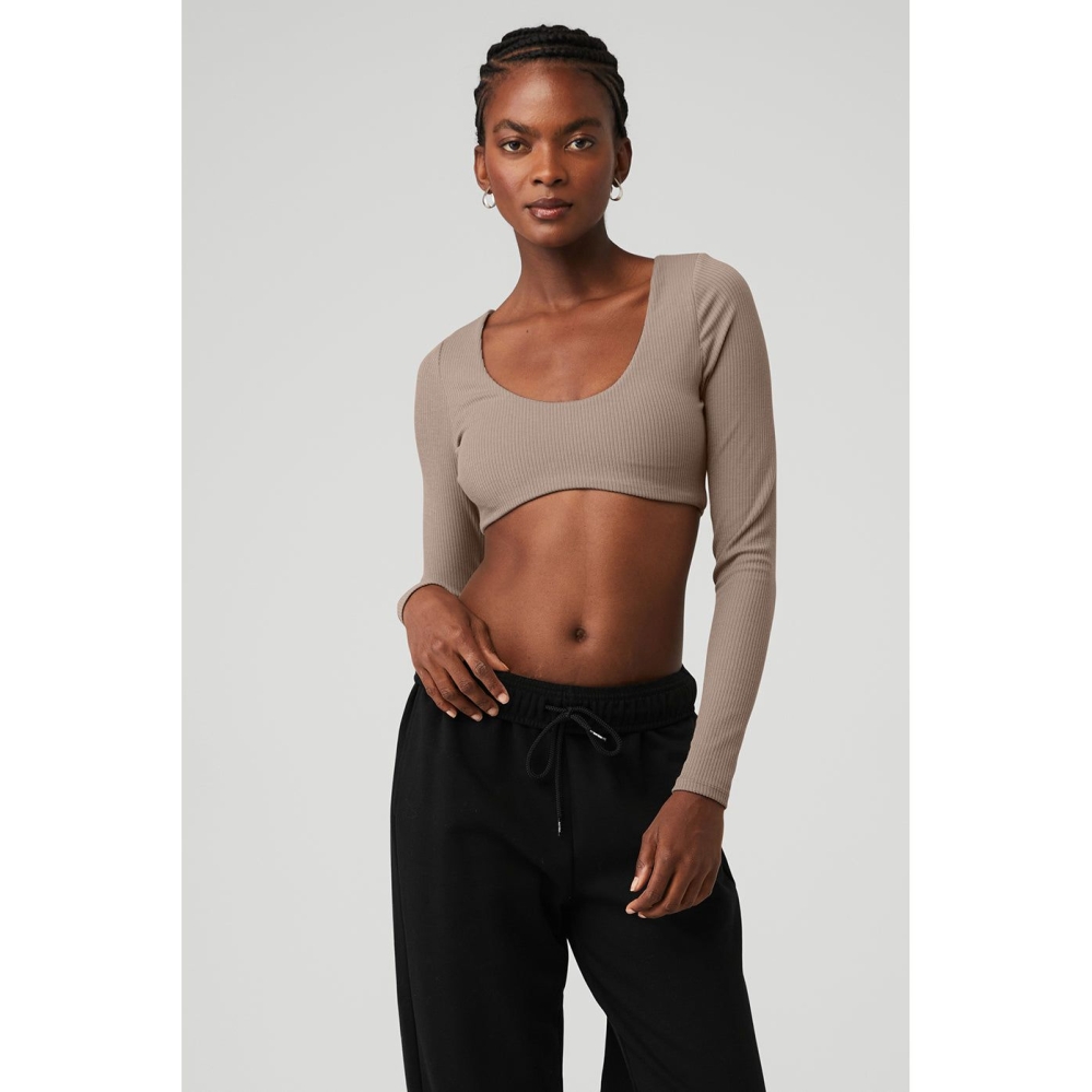 Alo Yoga Gerippt Defined Long Sleeve Bra Damen Grau Braun | ZTOHJM865