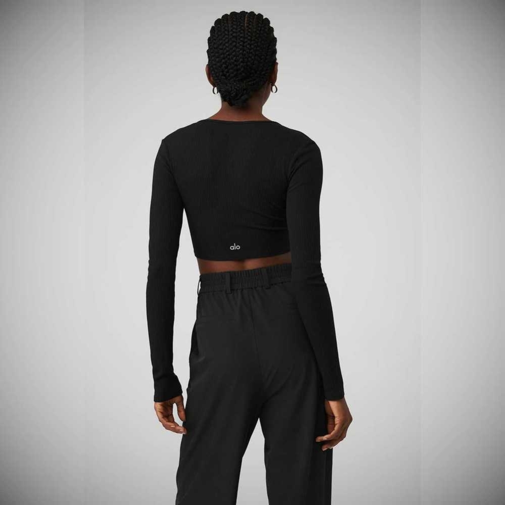 Alo Yoga Gerippt Knotty Long Sleeve Damen Schwarz | LHQTUW769