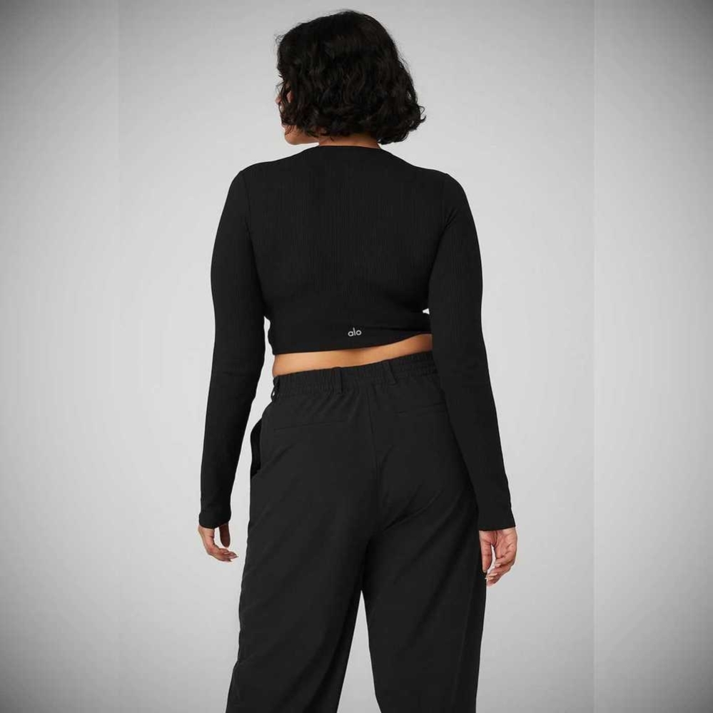 Alo Yoga Gerippt Knotty Long Sleeve Damen Schwarz | LHQTUW769