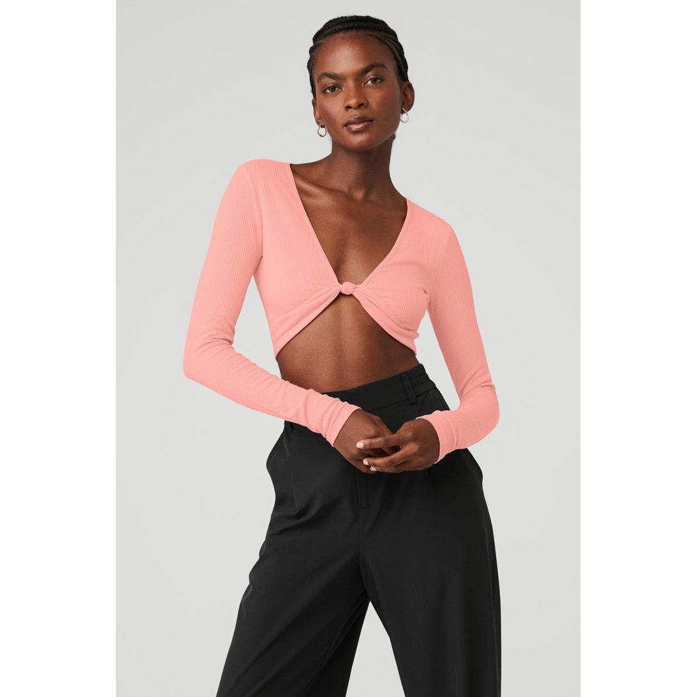 Alo Yoga Gerippt Knotty Long Sleeve Damen Rosa | ZQJKPX143