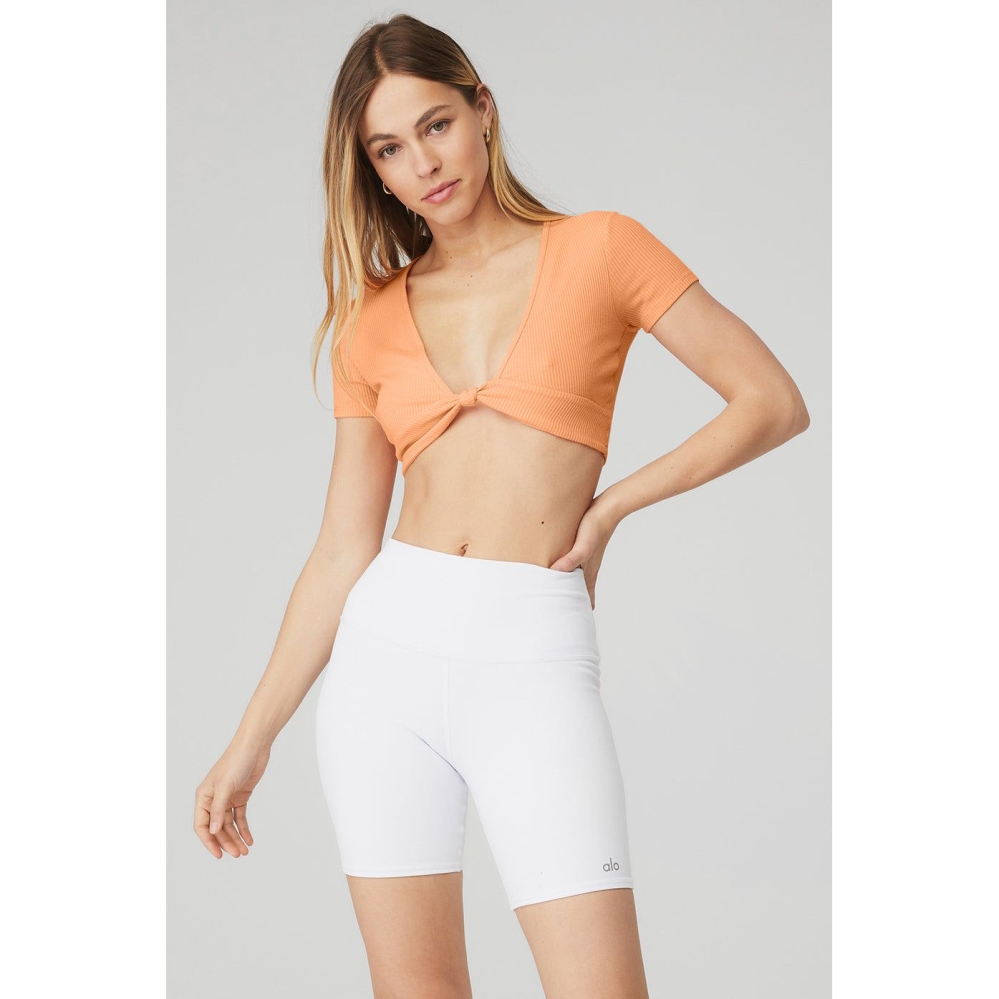 Alo Yoga Gerippt Knotty Short Sleeve Damen Orange | IMXJEZ694