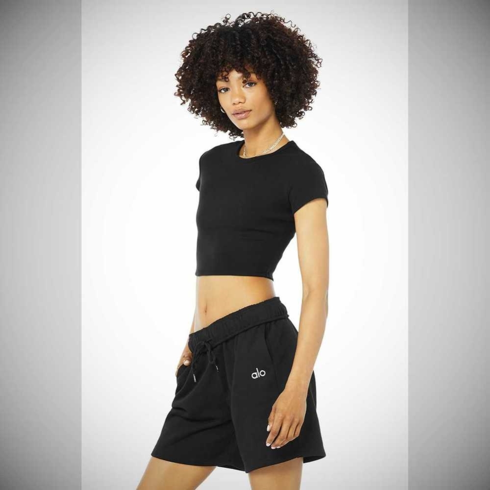 Alo Yoga Gerippt Short Sleeve Damen Schwarz | OJISVM296