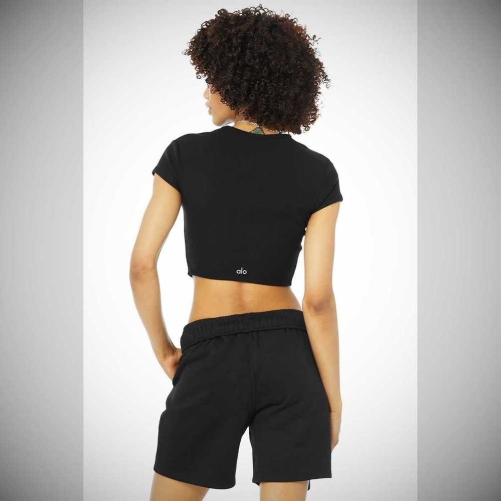 Alo Yoga Gerippt Short Sleeve Damen Schwarz | OJISVM296