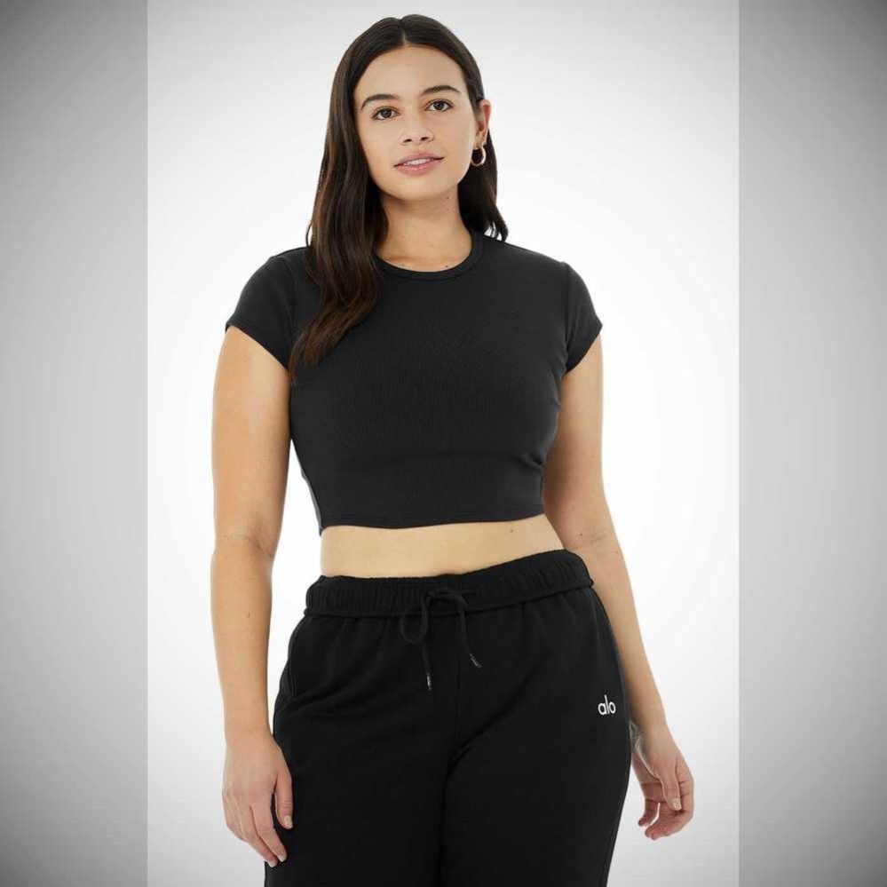 Alo Yoga Gerippt Short Sleeve Damen Schwarz | OJISVM296