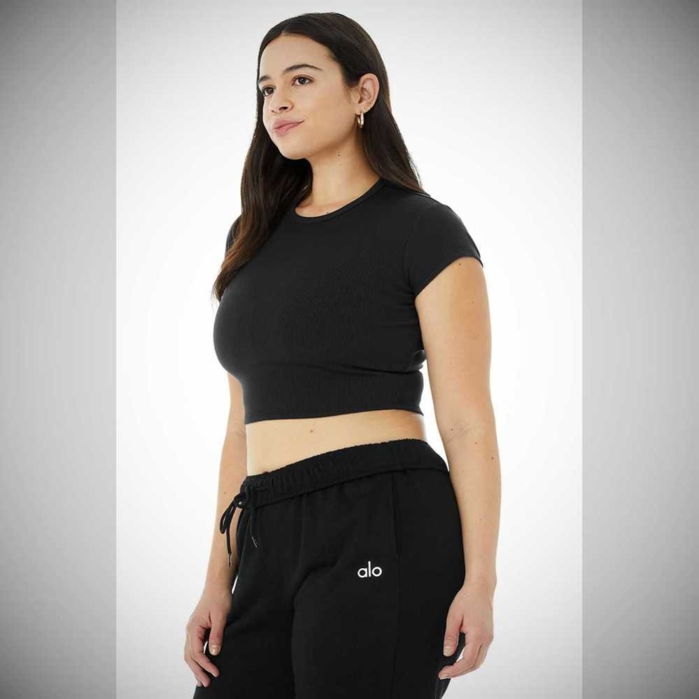 Alo Yoga Gerippt Short Sleeve Damen Schwarz | OJISVM296