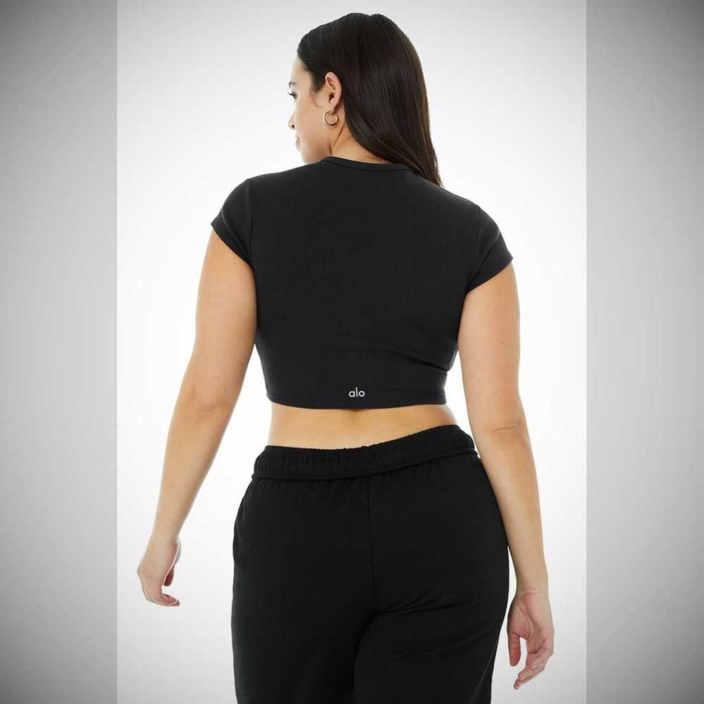 Alo Yoga Gerippt Short Sleeve Damen Schwarz | OJISVM296