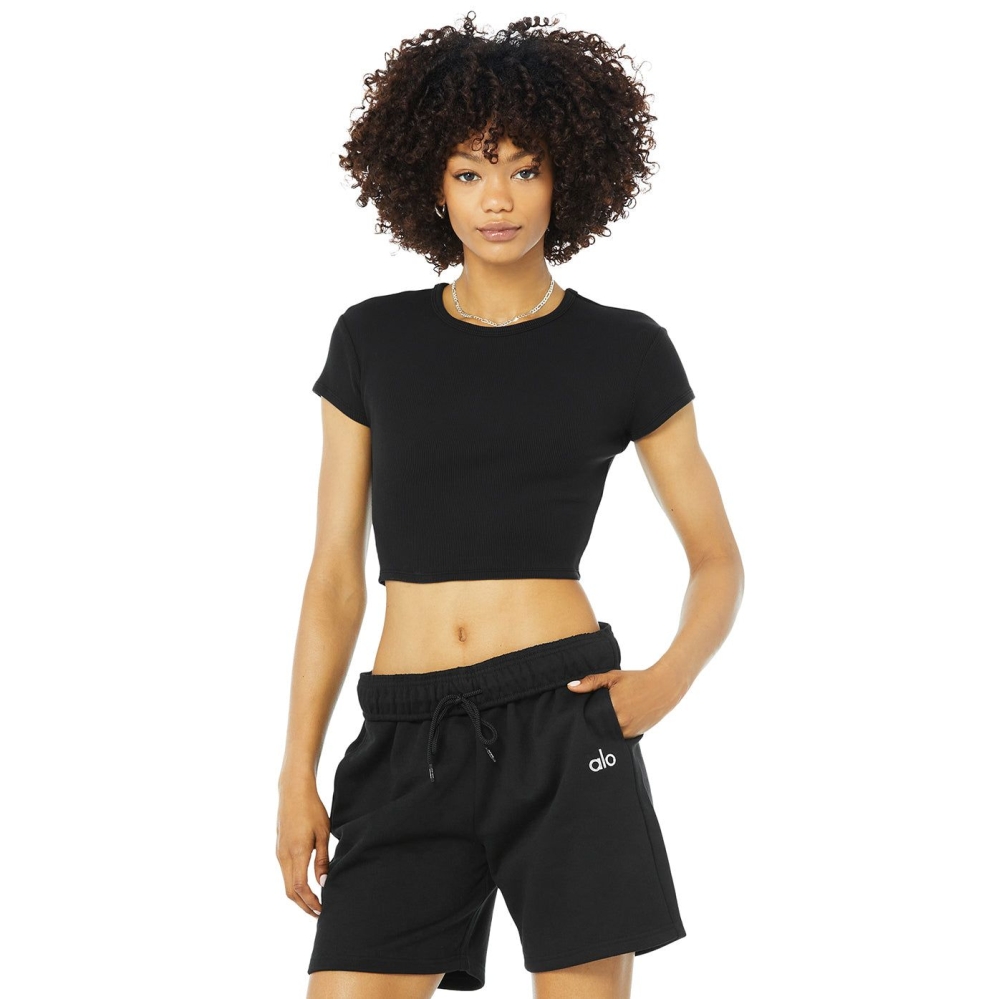 Alo Yoga Gerippt Short Sleeve Damen Schwarz | OJISVM296