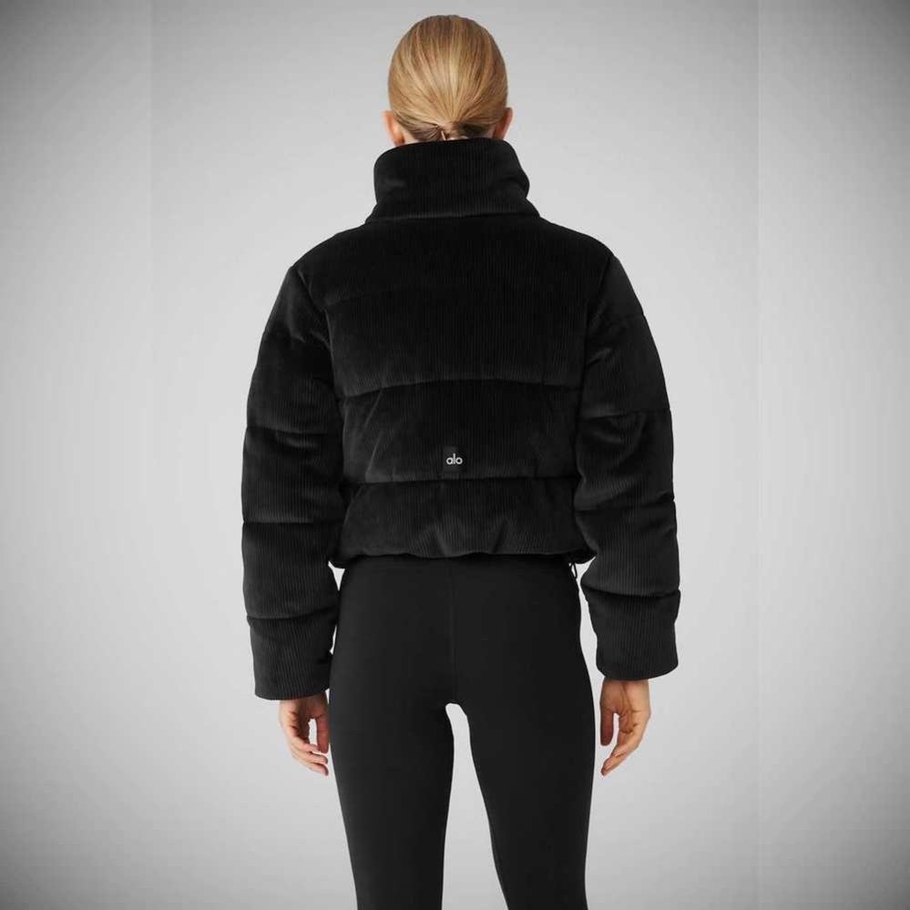 Alo Yoga Gerippt Velour Gold Rush Puffer Jacke Damen Schwarz | JNORMV098