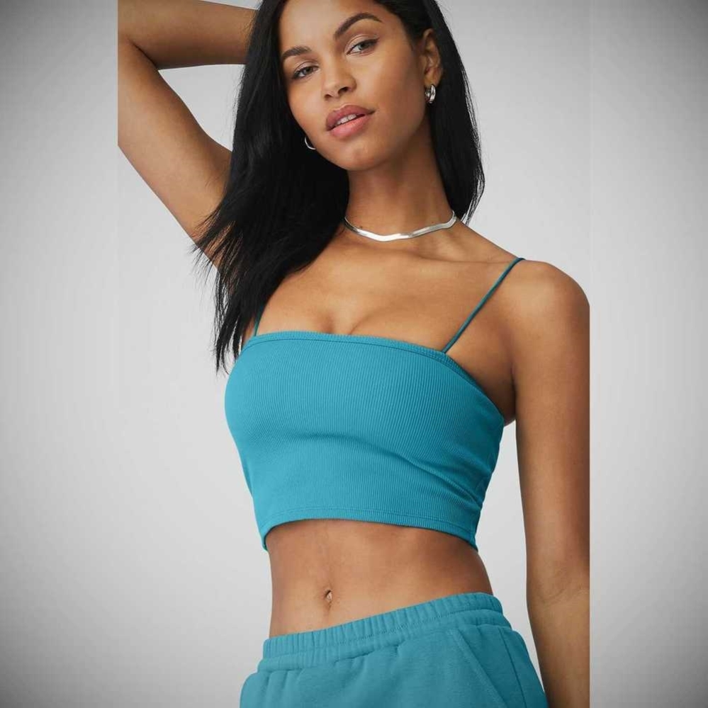 Alo Yoga Goddess Gerippt Bandeau Top Muskelshirt Damen Blau | GMSAOF103