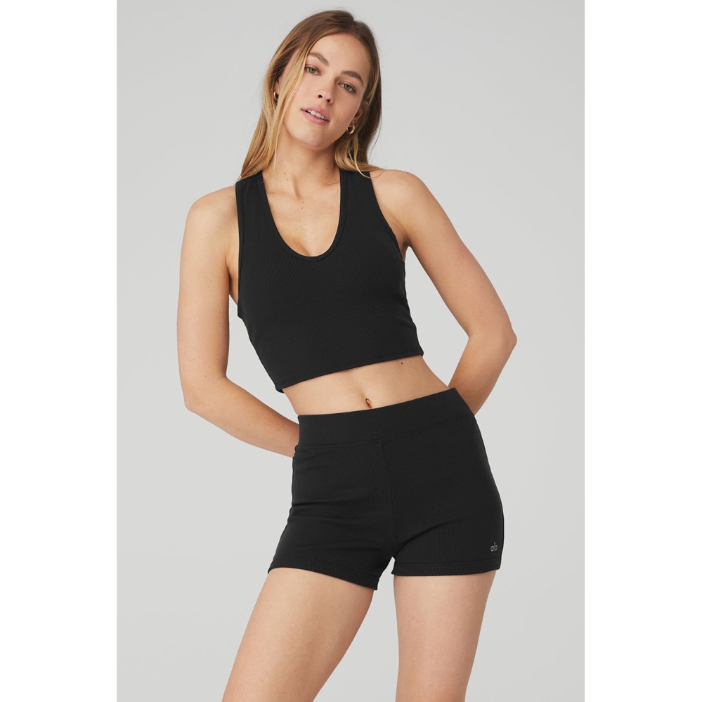 Alo Yoga Goddess Gerippt Cropped Racerback Muskelshirt Damen Schwarz | HLBNVA214