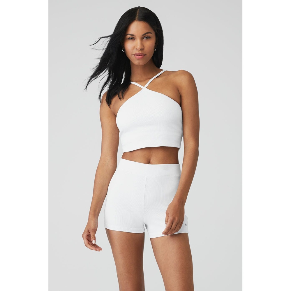 Alo Yoga Goddess Gerippt Cross Crop Tops Damen Weiß | CNMDVE912