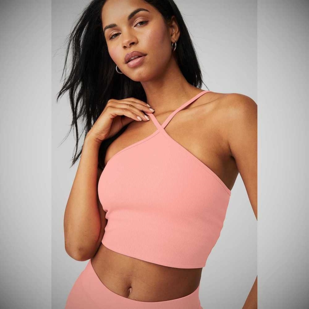 Alo Yoga Goddess Gerippt Cross Crop Tops Damen Rosa | QIAULM209