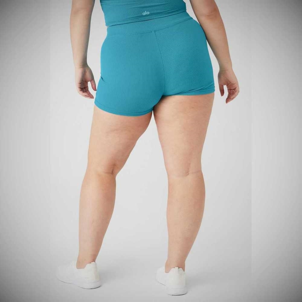 Alo Yoga Goddess Gerippt High-Taille Hot Kurze Hose Damen Blau | GKCYON946