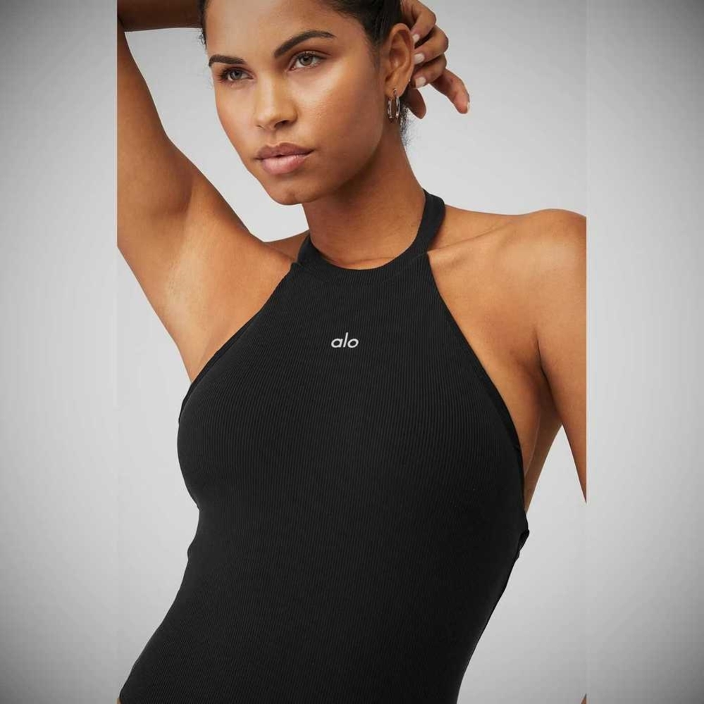 Alo Yoga Goddess Rib Prime Time Halter Bodys Damen Schwarz | VJEPGK734