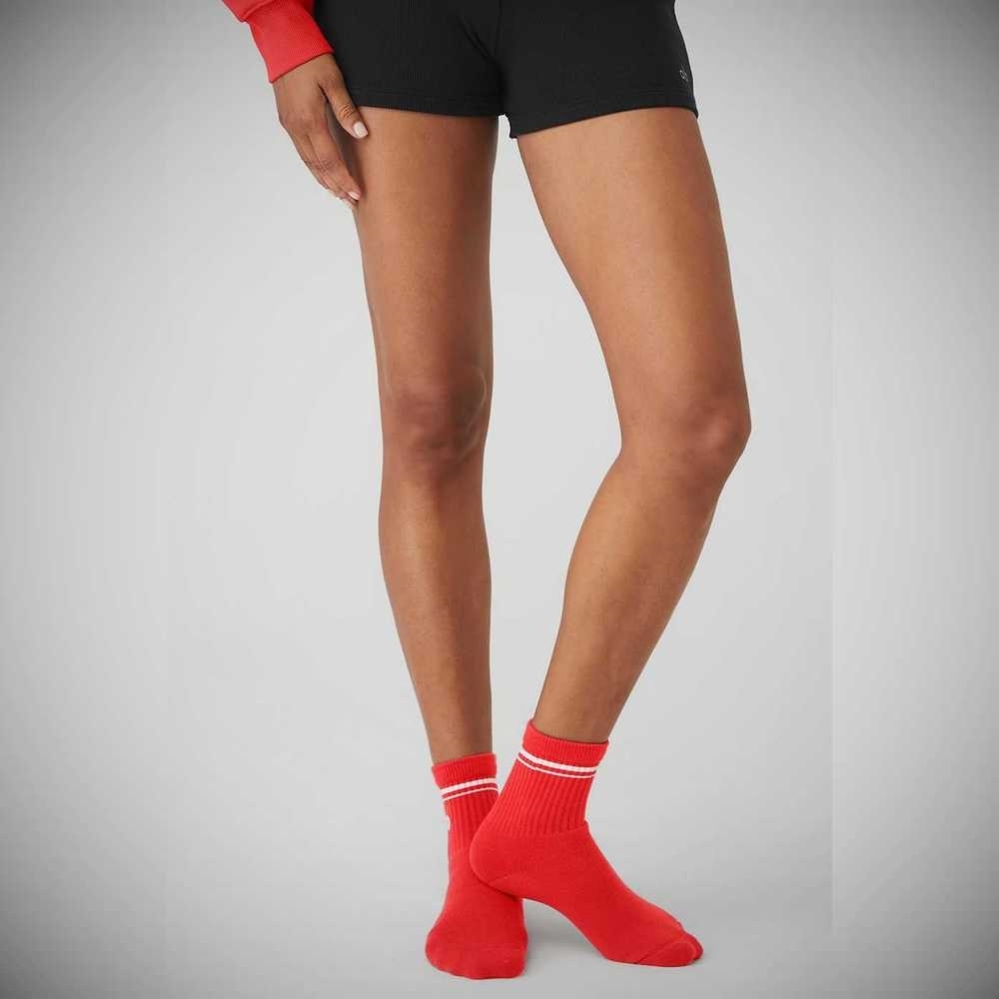 Alo Yoga Half-Crew Throwback Socken Damen Rot Weiß | HKERJD417