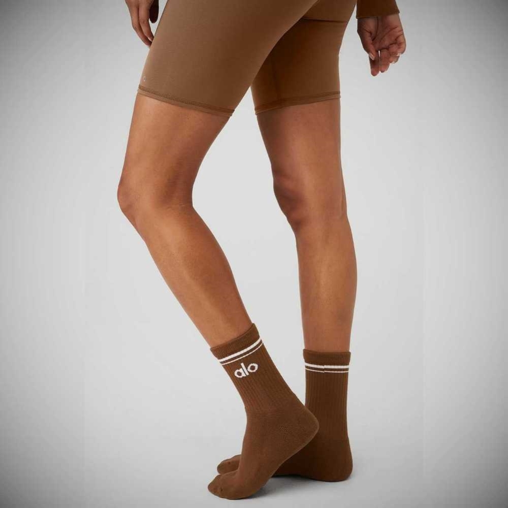 Alo Yoga Half-Crew Throwback Socken Damen Braun Weiß | VRPBNE914