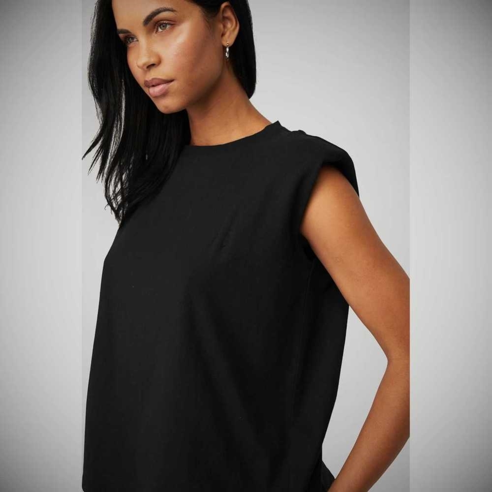 Alo Yoga Headliner Shoulder Pad Ärmellose Tee Muskelshirt Damen Schwarz | IJANXU018