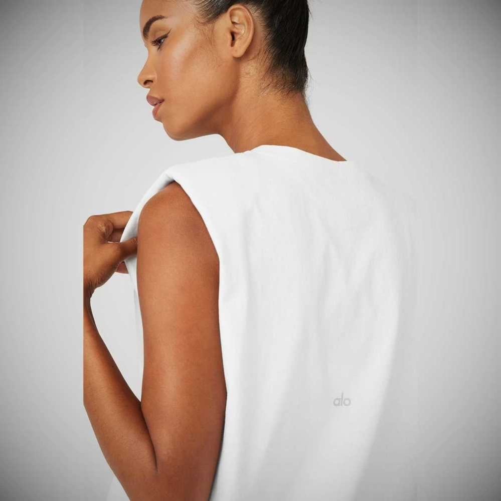 Alo Yoga Headliner Shoulder Pad Ärmellose Tee Muskelshirt Damen Weiß | KTQYMA560