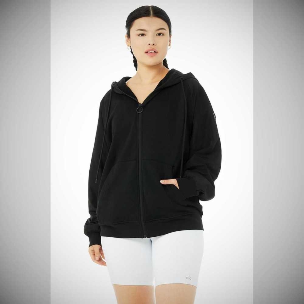 Alo Yoga Hype Full Zip Hoodie Damen Schwarz | PJXEMG190