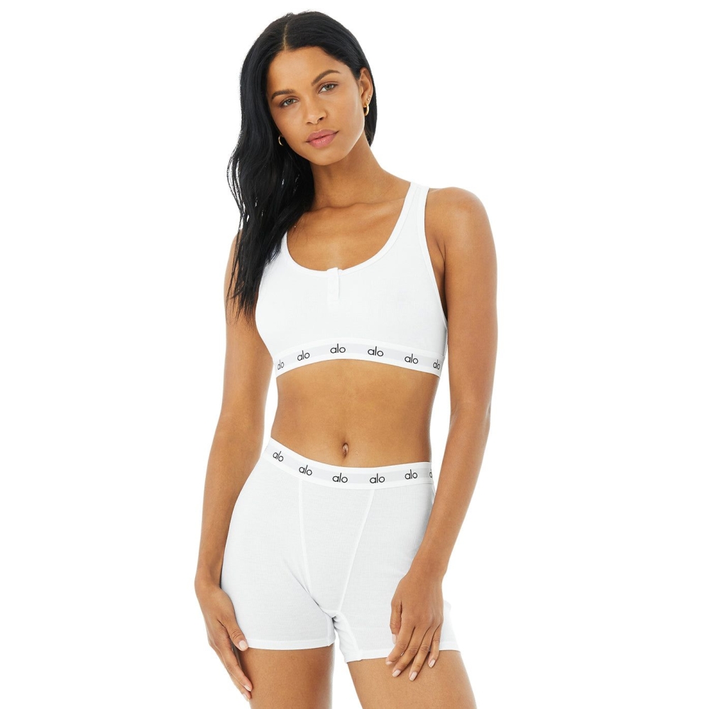 Alo Yoga Icon Gerippt Henley BHs Damen Weiß | GOBPLH063