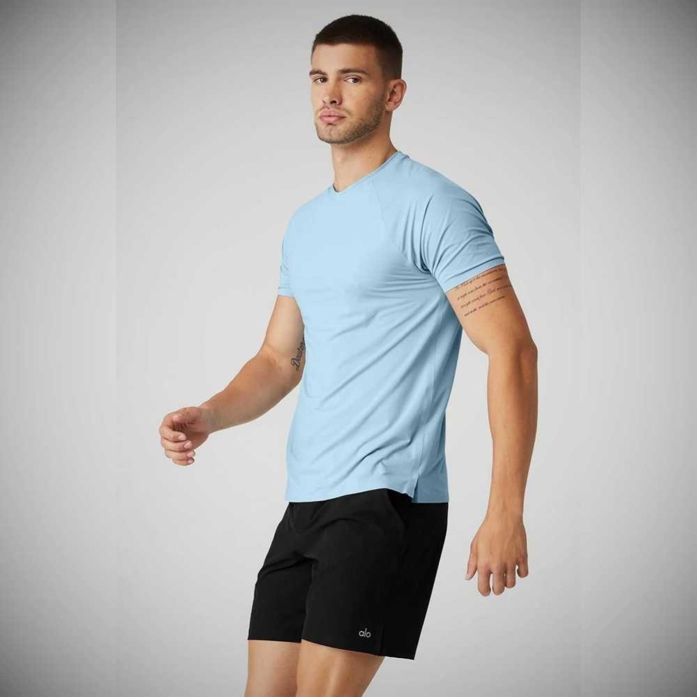 Alo Yoga Idol Performance Tee Short Sleeve Herren Blau | ZNMQIS407