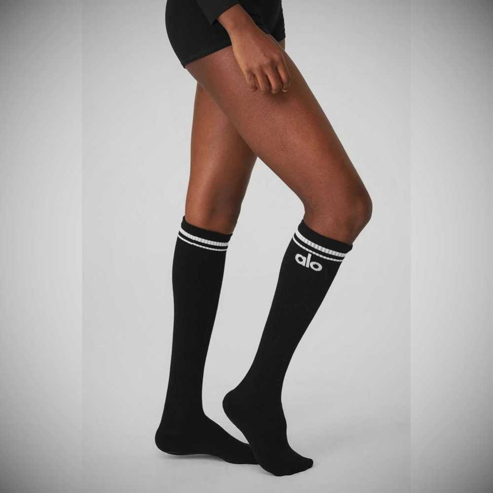 Alo Yoga Knee-High Throwback Barre Socken Damen Schwarz Weiß | FXUEQO078