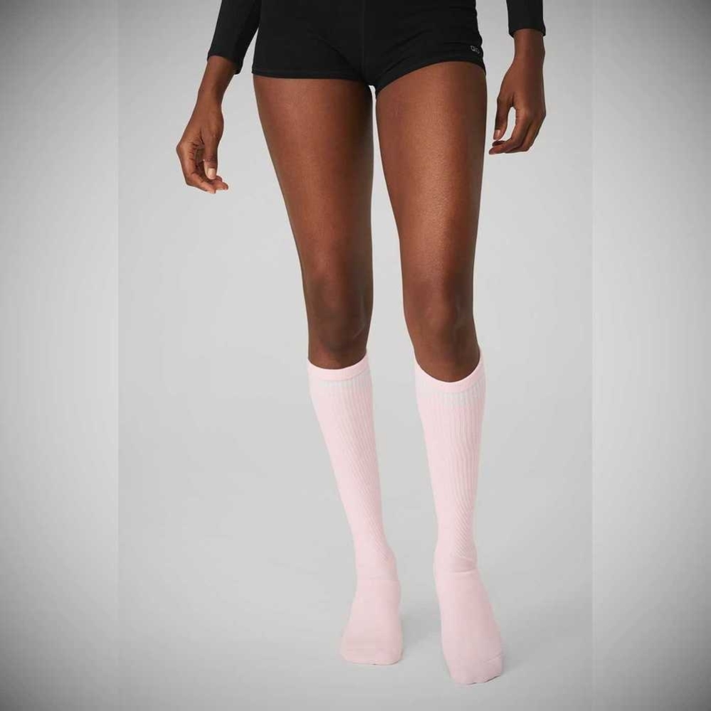 Alo Yoga Knee-High Throwback Barre Socken Damen Rosa Weiß | PXCORL042