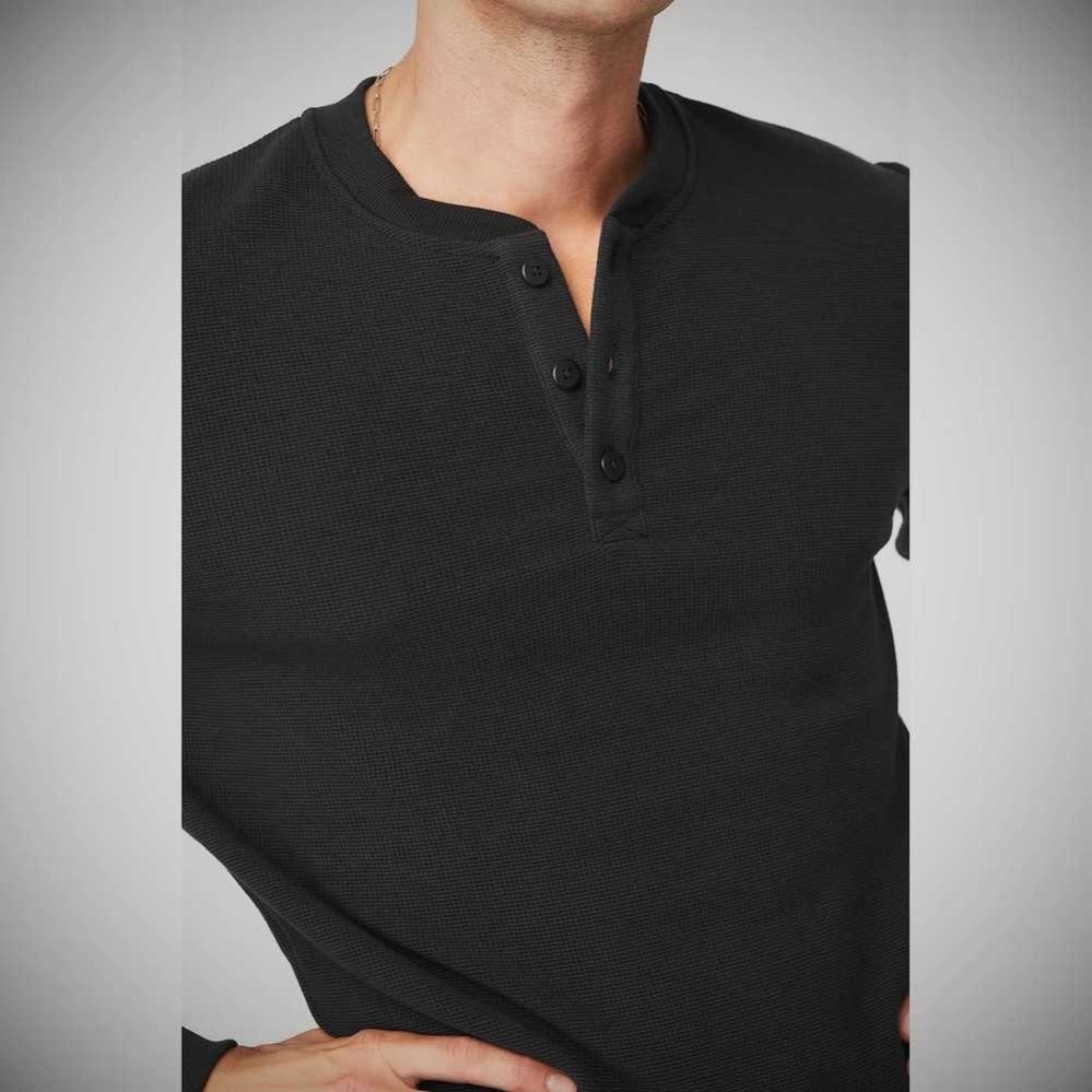 Alo Yoga Micro Waffle Fast Break Henley Long Sleeve Herren Schwarz | CHBXVT802