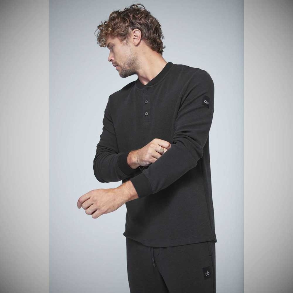 Alo Yoga Micro Waffle Fast Break Henley Long Sleeve Herren Schwarz | CHBXVT802