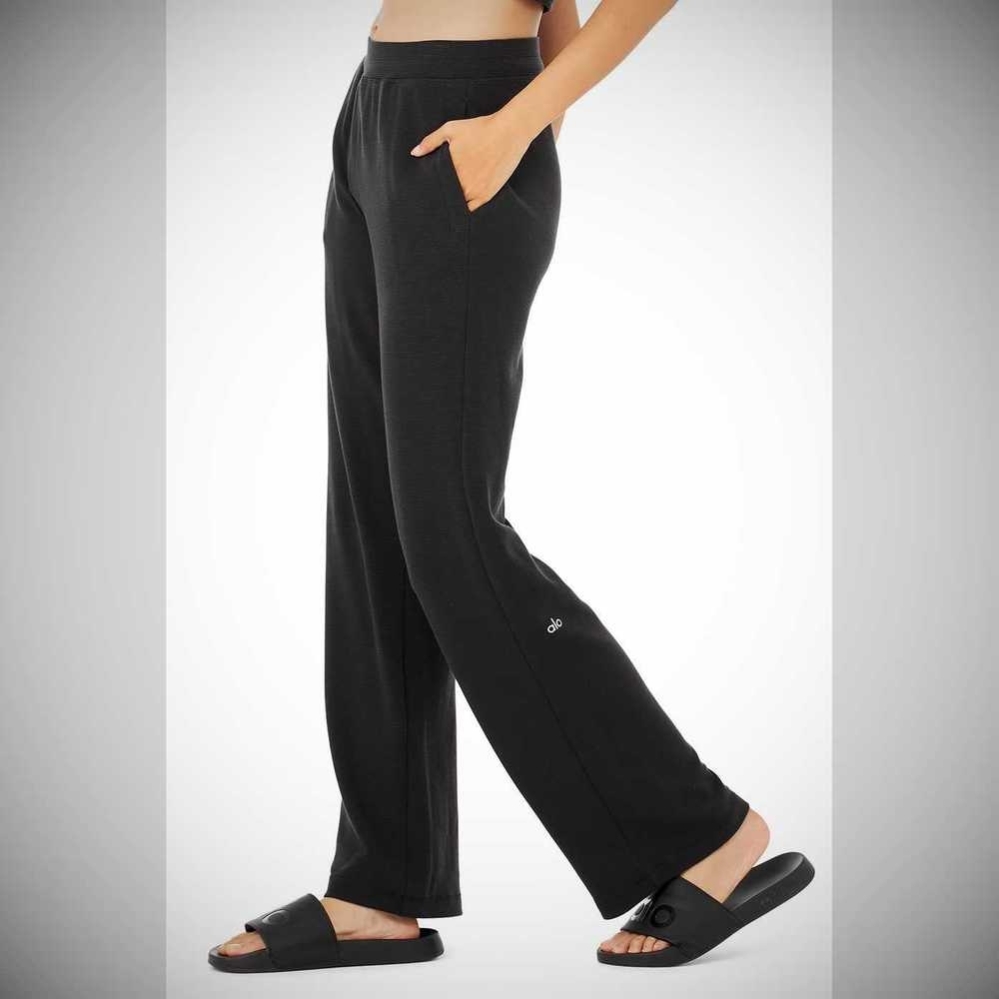 Alo Yoga Micro Waffle High-Taille Pleasant Weite Leg Hose Damen Schwarz | AMQSPZ075