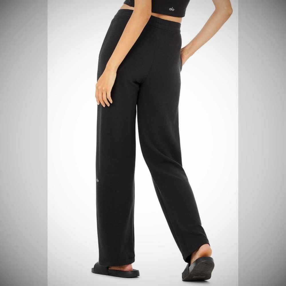 Alo Yoga Micro Waffle High-Taille Pleasant Weite Leg Hose Damen Schwarz | AMQSPZ075