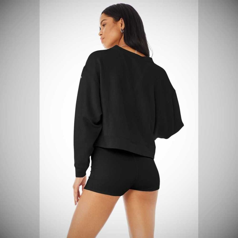 Alo Yoga Micro Waffle Pleasant Cropped Henley Sweatshirts Damen Schwarz | EQUFJP563