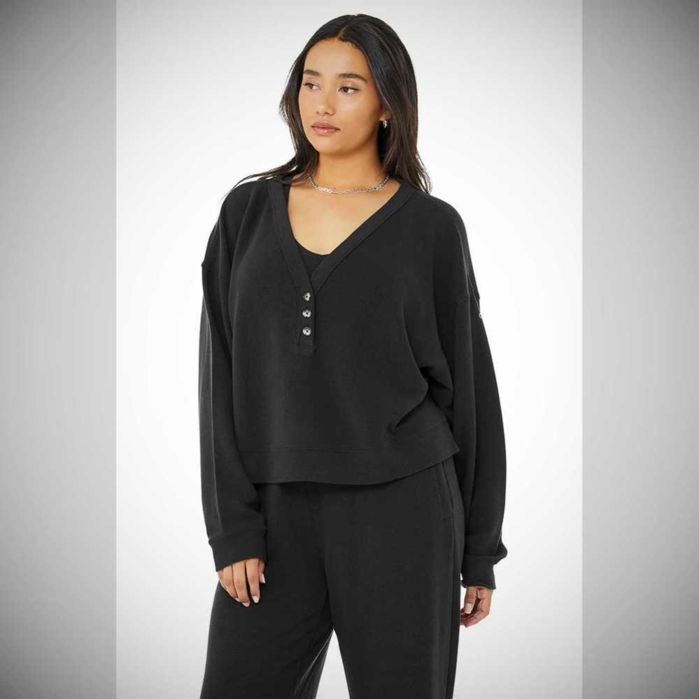 Alo Yoga Micro Waffle Pleasant Cropped Henley Sweatshirts Damen Schwarz | EQUFJP563