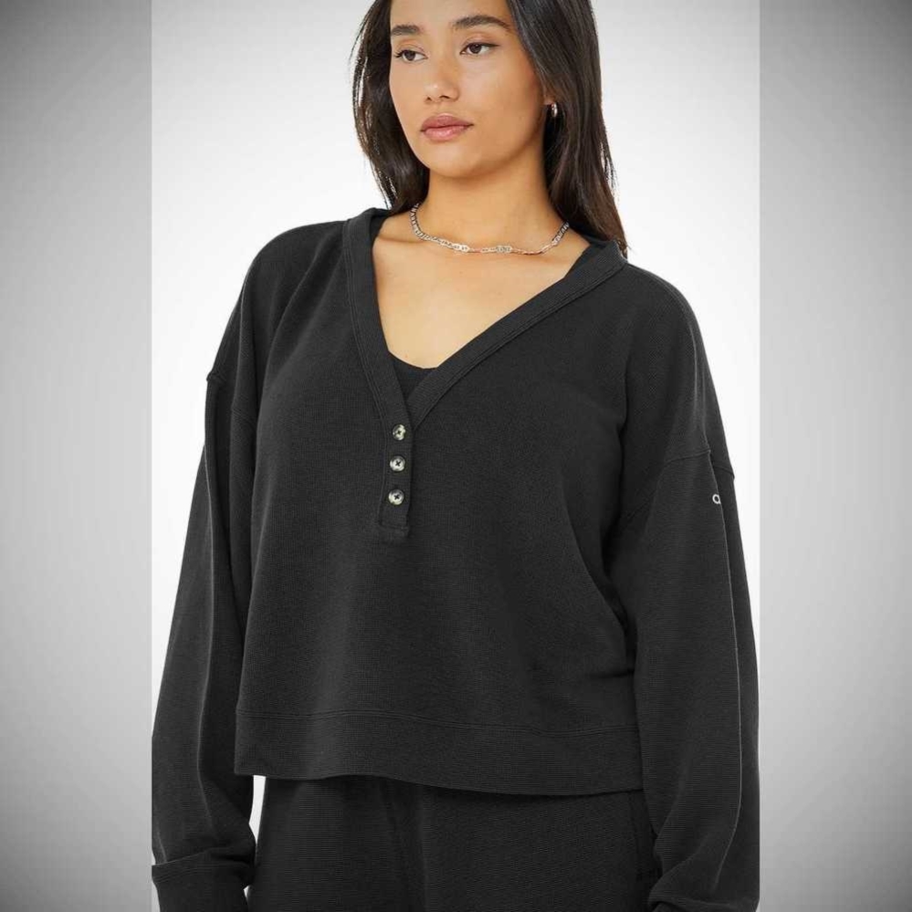 Alo Yoga Micro Waffle Pleasant Cropped Henley Sweatshirts Damen Schwarz | EQUFJP563