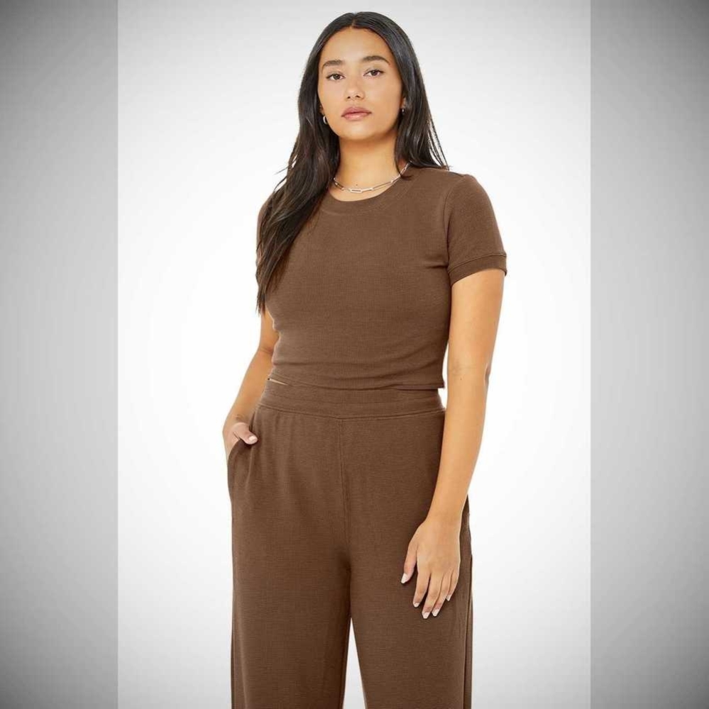 Alo Yoga Micro Waffle Sierra Top Short Sleeve Damen Kaffee | GHQWRI740