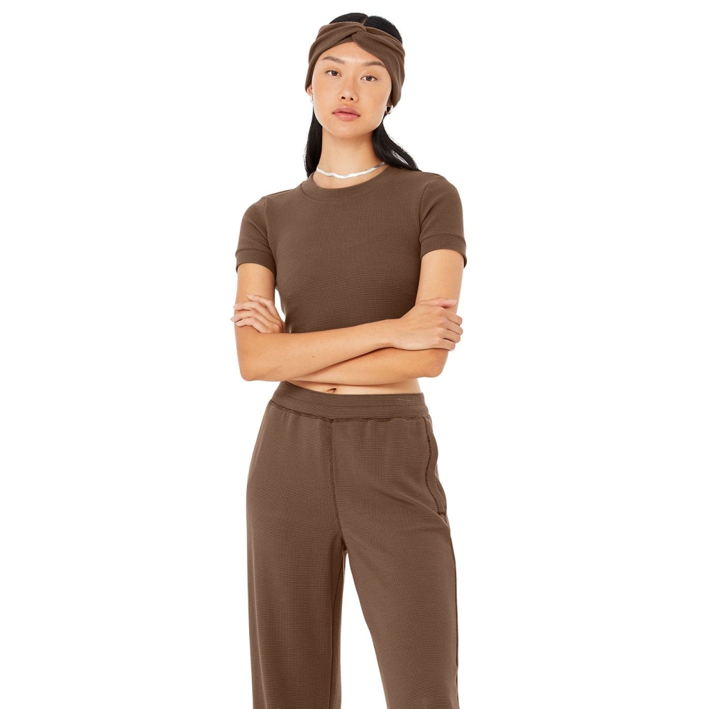 Alo Yoga Micro Waffle Sierra Top Short Sleeve Damen Kaffee | GHQWRI740